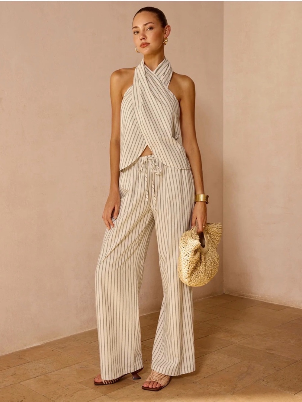 Commmense Striped Cotton Linen Halter Top & Pants Set